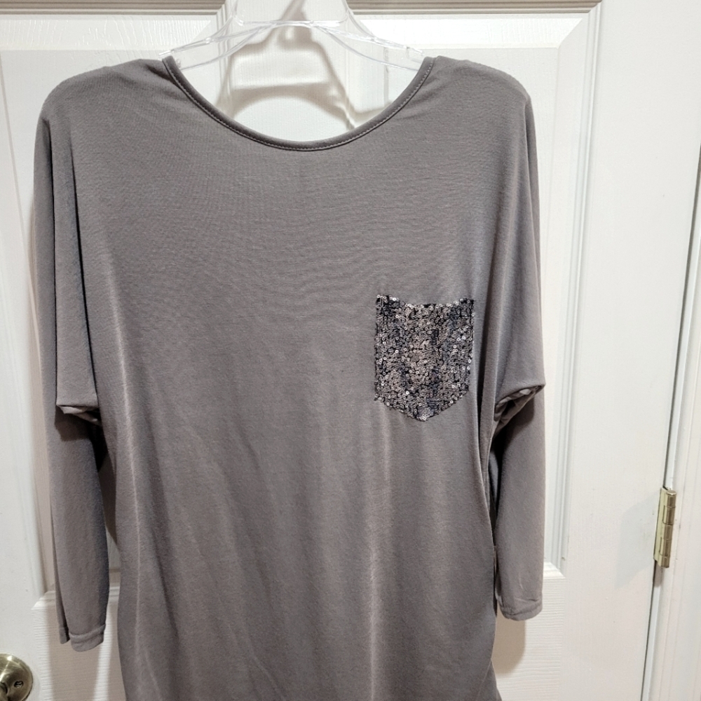 Gray Long Sleeve Top with Sequin Pocket